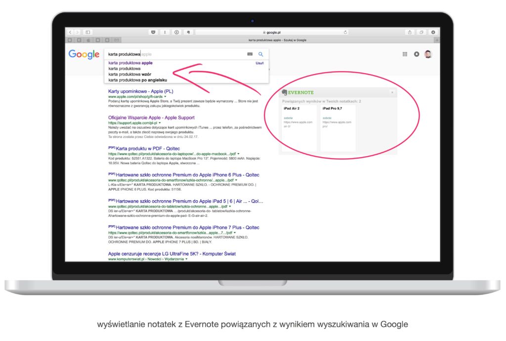 Wyszukiwanie notatek w google z sugestiami Evernote